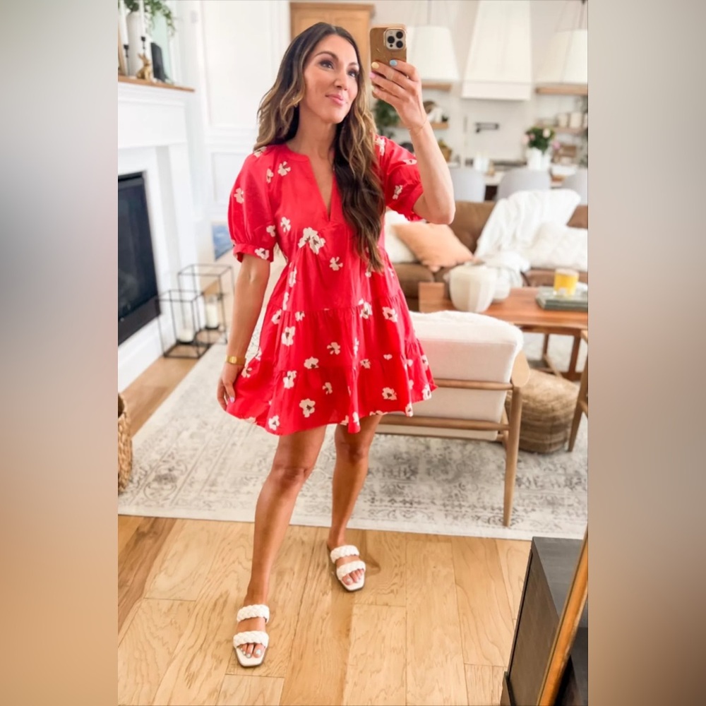 Universal Thread Red Floral Puff Sleeve Tiered Mini Dress
